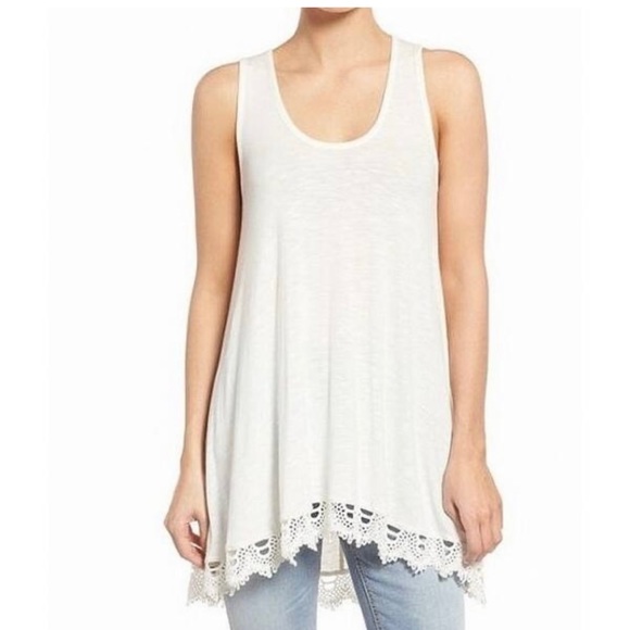 Women’s Chloe K Crochet Trim Tunic Extra Long Cream Tank Top Size Medium - Picture 1 of 9